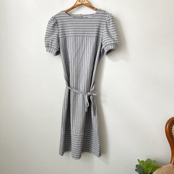 Vintage Marty Gutmacher Retro Midi Dress gray stripe belted ILGWU S/M - Picture 1 of 7